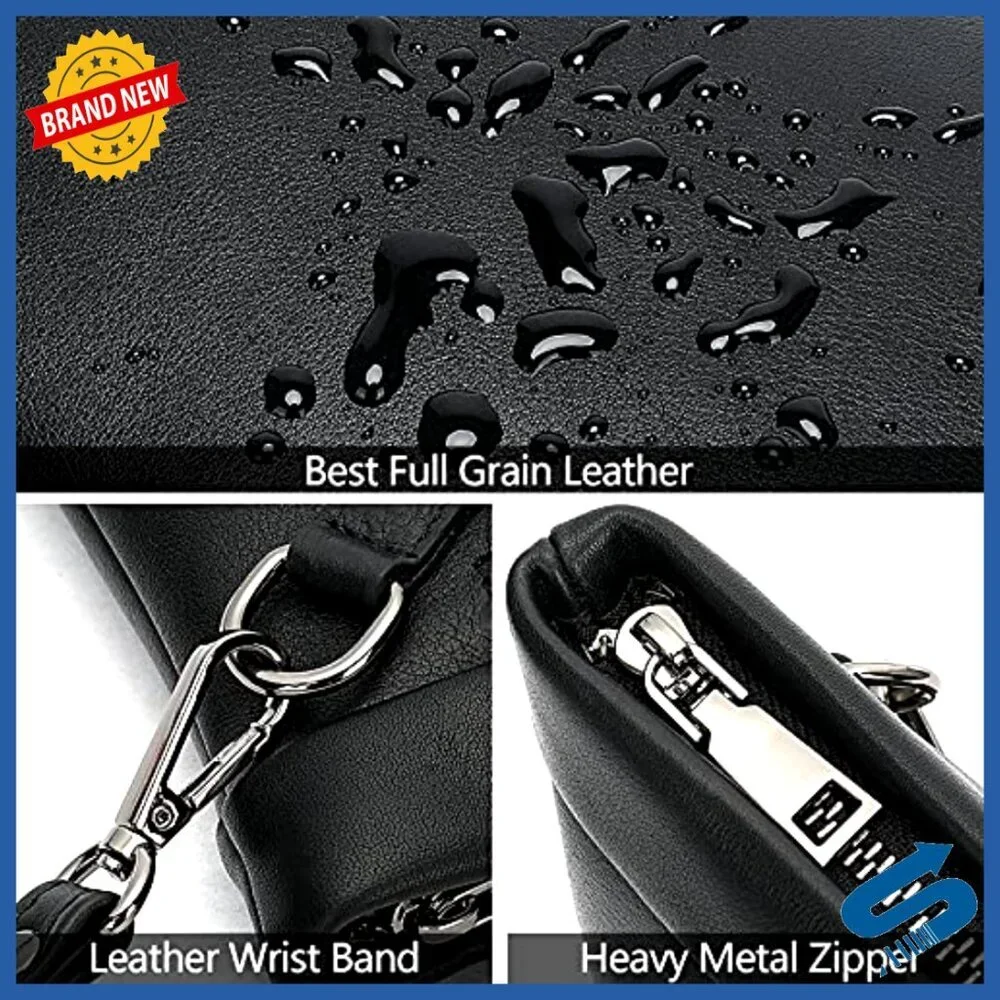 Large Genuine Leather Clutch Wallet with Removable Wrist Strap for Men